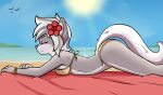  anthro beach breasts butt canid canine canis clothing eyes_closed female into_the_wild_(game) karat.3l mammal naira_(intothewild) seaside side_view solo translucent translucent_clothing wolf 