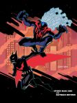  2boys absurdres batman batman_(series) batman_beyond black_bodysuit blue_bodysuit bodysuit cape copyright_name dc_comics highres male_focus marvel mask multiple_boys open_hands rariatto_(ganguri) spider-man_(2099) spider-man_(series) superhero terry_mcginnis trait_connection 