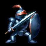  armor black_background commentary dragon_quest dragon_quest_iv full_body helmet highres holding holding_shield holding_sword holding_weapon legs_apart no_humans one-hour_drawing_challenge realistic shield simple_background standing sword weapon yasudagabou 