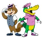  2017 5_fingers alligator alligatorid alpha_channel anthro artist_name brown_body canid canine canis clothed clothing crocodilian duo fingers finimun footwear gloves green_body handwear hanna-barbera hat headgear headwear hokey_wolf hokey_wolf_(character) looking_at_viewer male mammal open_mouth reptile scalie shirt shoes simple_background topwear transparent_background wally_gator wally_gator_(series) wolf 