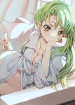  1girl breasts c.c. cleavage code_geass collar creayus cup green_eyes head_on_hand head_rest holding holding_cup indoors long_hair looking_at_viewer navel no_pants open_clothes open_shirt reclining shirt solo white_shirt yellow_eyes 