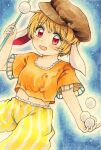  1girl animal_ears brown_headwear cabbie_hat commentary_request dango flat_cap floppy_ears food hat highres maa_(forsythia1729) midriff navel open_mouth orange_shirt rabbit_ears red_eyes ringo_(touhou) shirt short_sleeves shorts striped striped_shorts touhou traditional_media wagashi yellow_shorts 