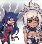  2girls alternate_costume angry animal_ears bangs bare_shoulders bite_mark black_legwear breasts brown_eyes bruise cleavage dress enmaided eyebrows_visible_through_hair fake_animal_ears fang grey_background grey_hair injury irelia league_of_legends long_hair long_sleeves looking_at_another maid maid_headdress medium_breasts multiple_girls no_pupils open_mouth pantyhose parted_bangs phantom_ix_row red_dress riven_(league_of_legends) shiny shiny_hair shiny_skin short_hair skin_fang tears upper_body v-shaped_eyebrows 