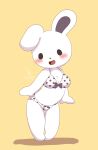  anthro blush bra breasts clothing female fur hi_res lagomorph leporid looking_at_viewer mammal open_mouth rabbit shadow simple_background simple_eyes solo underwear white_body white_fur yellow_background zeru_(ma) 