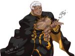  1boy abs arm_behind_back artist_name bara bare_pectorals black_nails blush coat coat_lift collared_coat crotch_plate dark-skinned_male dark_skin dress facial_tattoo fangs fire grey_fire highres israfil_(housamo) kizami_nori_to_yamaimo large_pectorals male_focus manly mature_male muscular muscular_male navel open_mouth pectorals red_eyes sideburns smile solo spiked_hair tattoo teeth tight tokyo_afterschool_summoners twitter_username white_background white_hair 