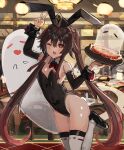  1girl ;d animal_ears arm_up bare_shoulders black_leotard brown_hair closed_eyes genshin_impact ghost highres hu_tao_(genshin_impact) leotard long_sleeves one_eye_closed open_mouth plate playboy_bunny rabbit_ears rabbit_tail red_eyes smile solo tail the_olphy thighhighs twintails v white_legwear 