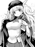  1girl :o ascot bandaid bandaid_on_face blush breasts breath bridal_gauntlets granblue_fantasy greyscale hat hat_feather highres impossible_clothes kztk large_breasts long_hair looking_at_viewer monika_weisswind monochrome peaked_cap shirt skirt solo sweatdrop twintails undressing upper_body 