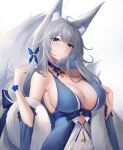  1girl absurdres ahoge animal_ear_fluff animal_ears azur_lane bare_shoulders blue_eyes breasts cleavage covered_nipples dress eyebrows_visible_through_hair flower fox_ears fox_tail gradient gradient_background grey_hair hair_flower hair_ornament highres large_breasts long_hair looking_at_viewer low_neckline mole mole_under_eye parted_lips piuta shinano_(azur_lane) sideboob sleeveless sleeveless_dress tail upper_body wrist_cuffs 