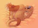  anthro anus bahati_whiteclaw breasts felid female genitals hailberry hindpaw legs_up lion lying mammal nipples nude on_back one_eye_closed open_mouth pantherine pawpads paws pussy simple_background smile solo 