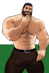  1boy abs bara beard bernard_(lustful_desires) commentary facial_hair highres jang_ju_hyeon large_pectorals lustful_desires male_focus mature_male muscular muscular_male navel nipples pectorals smile solo stomach topless topless_male 