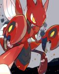  akadako commentary_request dated_commentary full_body grey_background hands_up highres insect_wings one-hour_drawing_challenge partial_commentary pokemon pokemon_(creature) red_theme scizor slit_pupils solo standing white_wings wings yellow_eyes 