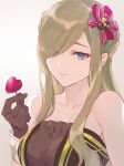  1girl bare_shoulders blue_eyes breasts brown_dress brown_gloves brown_hair candy chocolate collarbone dress food gloves hair_ornament hair_over_one_eye hair_ribbon heart heart-shaped_chocolate holding isa_(peien516) large_breasts long_hair looking_at_viewer ribbon sleeveless sleeveless_dress solo tales_of_(series) tales_of_asteria tales_of_the_abyss tear_grants valentine 