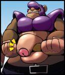  2022 anthro armor balls barazoku belt biceps big_balls big_penis blue_background bonkers_(kirby) bottomwear bottomwear_down brown_body brown_fur clothed clothing detailed flaccid foreskin fur genitals gums hair hammer hi_res holding_hammer holding_object holding_tool holding_weapon huge_balls huge_penis humanoid_genitalia humanoid_penis kirby_(series) male mammal manly mostly_nude multicolored_body muscular muscular_anthro muscular_male nintendo open_mouth paddy_pawz pants pants_around_legs pants_down partially_clothed pecs penis pink_tongue presenting presenting_balls presenting_penis primate purple_hair round_ears shadow short_hair shoulder_guards simple_background solo spurr standing tan_balls tan_body tan_ears tan_nose tan_penis tan_skin teeth thick_thighs tongue tools triceps video_games weapon 