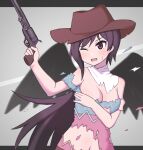 1girl bandana black_hair black_wings boots breasts brown_eyes brown_hair brown_headwear cleavage commentary_request contrapposto covering covering_breasts cowboy_boots cowboy_hat cowboy_western dress embarrassed gun handgun hat highres holding holding_gun holding_weapon horse_girl kurokoma_saki medium_breasts midriff multicolored_clothes multicolored_dress navel nuclear_cake off-shoulder_dress off_shoulder one_eye_closed open_mouth pegasus_wings ponytail puffy_short_sleeves puffy_sleeves revolver short_sleeves stomach sweatdrop torn_clothes touhou weapon white_bandana wings 