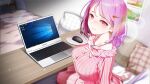  1girl blurry blurry_background breasts buttons closed_mouth computer from_side hair_ornament hair_scrunchie hairclip highres indoors jewelry laptop large_breasts lips long_sleeves looking_at_viewer medium_hair mouse_(computer) necklace pillow pink_eyes pink_hair pink_shirt pyeonsuhui room sad scrunchie shirt sitting solo some_some_convenience_store table talesshop windows_10 