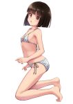  1girl :o akemiho_tabi_nikki bangs barefoot bikini black_hair blunt_bangs blush bob_cut breasts brown_eyes commentary fukube_tamaki highres kneeling kouno_hikaru looking_at_viewer looking_to_the_side open_mouth original polka_dot polka_dot_bikini short_hair side-tie_bikini simple_background small_breasts solo swimsuit white_background white_bikini 