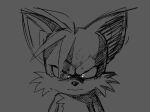  1boy angry animal_ears animal_nose bangs body_fur chronocrump closed_mouth commentary dark derivative_work english_commentary furrowed_brow furry furry_male glowing glowing_eyes grey_background greyscale highres looking_at_viewer male_focus monochrome screencap_redraw simple_background sketch solo sonic_(series) straight-on tails_(sonic) upper_body v-shaped_eyebrows 