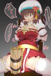  1girl akabeco arch_bishop_(ragnarok_online) bangs blue_flower blush bound bound_arms breasts brown_eyes brown_hair chair cleavage commentary_request cookie_(touhou) cross dynamite eyebrows_visible_through_hair feet_out_of_frame flower frilled_legwear grey_background hakurei_reimu highres jacket kanna_(cookie) large_breasts long_hair open_mouth orange_flower panties ragnarok_online sash shrug_(clothing) sitting solo spread_legs thighhighs touhou translation_request underwear white_headwear white_jacket white_legwear white_panties yellow_sash 