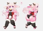  5_fingers anthro antlers bell bell_collar big_butt blush bow_(disambiguation) braided_hair breasts butt capreoline cervid clothed clothing collar digital_media_(artwork) feet female fingers fur gesture hair hand_on_hip hi_res hooves horn kishibe legwear long_hair looking_at_viewer looking_back mammal open_mouth pink_body pink_fur pink_hair purple_eyes rear_view reindeer simple_background small_breasts smile solo stockings thick_thighs toes v_sign 
