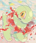 akadako animal_focus blue_background chibi claws commentary_request dated_commentary flower full_body highres looking_at_viewer meganium no_humans one-hour_drawing_challenge open_mouth partial_commentary pokemon pokemon_(creature) red_flower solo standing walking yellow_eyes 