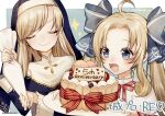  2girls :d ahoge anniversary bangs blonde_hair blue_eyes blue_ribbon blush cake chateau_de_chambord_(oshiro_project) chateau_de_chinon_(oshiro_project) commentary_request copyright facing_viewer food hair_ribbon long_hair multiple_girls natuki_miz nun official_art oshiro_project oshiro_project_re ribbon second-party_source smile swept_bangs twintails twitter_username upper_body 