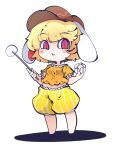  1girl :t animal_ears barefoot blonde_hair brown_headwear cabbie_hat chibi commentary_request dango flat_cap floppy_ears food fried_rice0614 hat highres midriff navel one-hour_drawing_challenge orange_shirt rabbit_ears red_eyes ringo_(touhou) shirt short_hair shorts simple_background standing striped striped_shorts touhou wagashi white_background yellow_shorts 