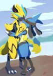  after_kiss ambiguous_gender anthro black_body black_fur blue_body blue_eyes blue_fur bodily_fluids canid canine duo embrace eyes_closed felid feline fur half-closed_eyes hi_res hug legendary_pok&eacute;mon lucario lugan mammal narrowed_eyes nintendo outside pok&eacute;mon pok&eacute;mon_(species) saliva saliva_string signature tail_wrapping tan_body tan_fur tongue tongue_out video_games yellow_body yellow_fur zeraora 