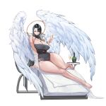  1girl angel_wings azazel_(last_origin) bangs barefoot black_swimsuit breasts champagne_flute cleavage cup dark_green_hair drinking_glass full_body game_cg highres huge_breasts last_origin long_hair official_art one-piece_swimsuit rorobomb solo swimsuit tachi-e transparent_background wings 