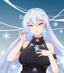  1girl 7t absurdres bangs bare_shoulders black_sweater blue_background breasts closed_mouth earrings highres honkai_(series) honkai_impact_3rd jewelry kiana_kaslana kiana_kaslana_(herrscher_of_the_void) looking_at_viewer ribbed_sweater smile snowflakes solo sweater white_hair yellow_eyes 