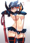  1girl absurdres arm_support armpits black_hair breasts castell cowboy_shot curvy gloves hand_on_own_neck highres kill_la_kill matoi_ryuuko midriff miniskirt multicolored_clothes multicolored_hair multicolored_legwear navel red_hair scissor_blade senketsu short_hair signature skirt solo standing thick_thighs thighhighs thighs two-tone_hair 