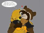  &lt;3 2018 anthro black_body black_fur black_nose brown_body brown_fur claws clothing dialogue digital_media_(artwork) duo embrace english_text eyes_closed facial_markings female finger_claws fur guardians_of_the_galaxy head_markings holding_object lutrine lylla male male/female mammal markings marvel mask_(marking) membrane_(anatomy) mustelid procyonid raccoon rocket_raccoon smile soldering_iron speech_bubble strega teeth text webbed_hands whiskers 
