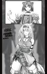  2girls absurdres animal_ears arknights arms_behind_back bare_shoulders breasts cat_ears character_name chinese_commentary choker commentary_request cowboy_shot dress greyscale hairband highres horn_(arknights) long_hair mandragora_(arknights) medium_breasts monochrome multiple_girls off-shoulder_dress off_shoulder pillarboxed short_hair standing tank_top thighhighs thighs upper_body wolf_ears zarathuta 