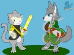  canid canine canis domestic_cat felid feline felis hi_res magic mammal melee_weapon molma_(artist) shield sword syngie_(artist) weapon wolf 