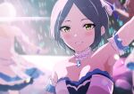  1girl arm_strap armpits dark_blue_hair hair_ornament hair_ribbon hayami_kanade highres idolmaster idolmaster_cinderella_girls idolmaster_cinderella_girls_starlight_stage jewelry looking_at_viewer misaki_nonaka necklace ribbon scrunchie short_hair stage stage_lights starry_sky_bright_(idolmaster) strapless sweat tube_top yellow_eyes 
