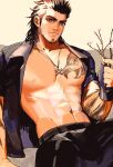  1boy abs bara bare_pectorals beard belt between_pectorals black_pants branch bulge cherry_blossoms facial_hair final_fantasy gladiolus_amicitia hair_slicked_back highres holding in_higashiyama jewelry large_pectorals leather leather_pants long_sideburns looking_at_viewer male_focus mature_male medium_hair muscular muscular_male navel necklace nipples open_clothes open_shirt pants pectorals scar scar_across_eye scar_on_face sideburns smile solo stomach stubble thick_eyebrows undercut 