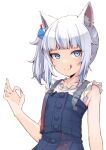  1girl :q animal_ear_fluff animal_ears arm_at_side bangs blue_eyes blue_hair blue_skirt blunt_bangs cat_ears commentary extra_ears eyebrows_visible_through_hair gawr_gura hand_gesture hand_up highres hololive hololive_english looking_at_viewer multicolored_hair official_alternate_costume ok_sign shirt side_ponytail simple_background skirt skirt_set sleeveless sleeveless_shirt solo streaked_hair tongue tongue_out upper_body valefal_coneri virtual_youtuber white_background white_hair white_shirt 