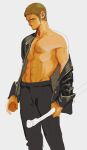  1boy abs bara bare_pectorals black_pants bright_pupils brown_hair cor_leonis facial_hair feet_out_of_frame final_fantasy frown goatee highres in_higashiyama jacket long_sideburns looking_at_viewer male_focus mature_male muscular muscular_male navel nipples off_shoulder open_clothes open_jacket pants pectorals sideburns solo stomach stubble unfinished 
