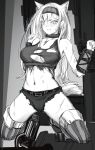  1girl absurdres animal_ears arknights bangs bare_arms bare_shoulders blush boots breasts chinese_commentary commentary_request cutoffs eyebrows_visible_through_hair greyscale hairband hands_up highres horn_(arknights) kneeling large_breasts long_hair micro_shorts midriff monochrome navel nose_blush shorts solo stomach tank_top thigh_boots thighhighs thighs torn_clothes torn_tank_top wolf_ears zarathuta 