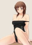  1girl amagami black_swimsuit brown_eyes brown_hair clothes_pull competition_swimsuit highres looking_at_viewer one-piece_swimsuit sakurai_rihoko shirt short_hair solo swimsuit swimsuit_pull swimsuit_under_clothes ykh1028 