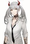  1girl bangs black_choker black_necktie breasts chinese_commentary choker cleavage commentary commentary_request demon_horns grey_hair hair_ornament hairclip highres horns large_breasts long_hair long_sleeves looking_at_viewer mixed-language_commentary necktie original parted_lips selcky shirt simple_background smile solo tattoo twintails upper_body white_background white_shirt yellow_eyes 