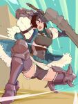  1girl :d armor belt black_hair breasts celliera dragalia_lost full_body gauntlets gloves high_heels highres holding holding_weapon medium_breasts nikukaiq red_eyes short_hair shorts smile solo squatting sword thighhighs weapon 