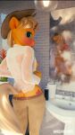  3d_(artwork) 9:16 anthro applejack_(mlp) bathroom blush bottomwear clothed clothing digital_media_(artwork) equid equine female friendship_is_magic hi_res mammal melvelvin my_little_pony nipples open_clothing open_shirt open_topwear orange_body pants reflection shirt solo topwear 