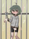 1girl ahoge bangs bars between_legs bike_shorts blush bound bound_wrists brown_eyes closed_mouth collarbone commentary cuffs embarrassed eyebrows_visible_through_hair flat_chest gradient gradient_background green_background green_hair grey_shirt hair_between_eyes hand_between_legs hand_up handcuffs have_to_pee highres long_sleeves looking_at_viewer nose_blush original pee peeing peeing_self shiny shiny_hair shirt short_hair sidelocks solo standing sweat tawasiupa translation_request wet wet_clothes 
