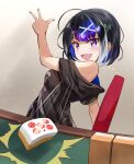  1girl ahoge bangs black_hair black_shirt blue_nails chair eyebrows_visible_through_hair hand_up highres himekawa_hibiki mahjong mahjong_soul mahjong_table mahjong_tile multicolored_hair nail_polish off_shoulder open_mouth purple_eyes shirt solo sparkle throwing v_hasegawa yostar 