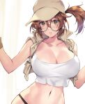  1girl bangs bare_arms bare_shoulders baseball_cap breasts brown_eyes brown_hair character_request cleavage copyright_request crop_top fio_germi glasses hair_between_eyes hat large_breasts long_hair looking_at_viewer matsuda_(matsukichi) metal_slug midriff navel open_clothes open_vest parted_lips ponytail round_eyewear shirt sleeveless sleeveless_shirt solo stomach upper_body vest white_shirt 
