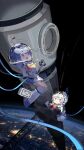  2girls ahoge antennae astronaut bili_girl_22 bili_girl_33 bilibili_douga blue_hair chips earth_(planet) floating food full_body fullmetal98 highres multiple_girls planet red_eyes scenery short_hair smile soda soda_bottle space spacecraft spacesuit 