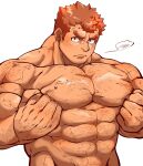  1boy =3 abs bara blush brown_hair chest_hair facial_hair goatee highres kengo_(housamo) kizami_nori_to_yamaimo large_pectorals long_sideburns male_focus muscular muscular_male nipples pectoral_squeeze pectorals short_hair sideburns sigh solo stubble thick_eyebrows tokyo_afterschool_summoners topless_male upper_body white_background 