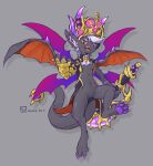  2018 abs anthro athletic bottomless claws clothed clothing colored_nails crown digital_drawing_(artwork) digital_media_(artwork) dragon dragon_village_m featureless_crotch grey_background grey_body hi_res hindpaw horn hydrowing inner_ear_fluff kemono magnas nails navel pawpads paws pink_claws purple_nails purple_pawpads red_eyes simple_background solo toe_claws tuft wings 