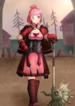  1girl absurdres axe bangs bare_tree blush boots commentary cross-laced_footwear dress english_commentary eyebrows_visible_through_hair feet_out_of_frame fire_emblem fire_emblem:_three_houses fire_emblem_warriors:_three_hopes freikugel_(weapon) gloves grin highres hilda_valentine_goneril knee_boots lace-up_boots looking_to_the_side official_alternate_costume one_eye_closed outdoors pink_dress pink_eyes pink_hair planted ponytail red_gloves short_dress short_hair short_sleeves smile solo standing tree weapon zipperqr 