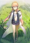  1girl akinashi_yuu bangs blush circe_(doc_kykeon)_(fate) circe_(fate) commentary_request eyebrows_visible_through_hair fate/grand_order fate_(series) glasses hairband jewelry long_hair looking_at_viewer multicolored_eyes necklace orange_hair pointy_ears sandals solo solo_focus thighs twintails 